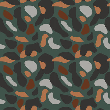 Camouflage pattern background seamless vector illustration. Classic military clothing style. Camo repeat texture shirt print. Grey brown black colors forest texture