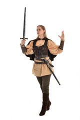 full length portrait of girl wearing brown medieval costume,. standing pose, isolated on white studio background.