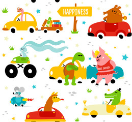 Cute funny animals llama, crocodile, bookworm, rabbit, mouse, turtle and pig driving colorful cars to the happiness on white background - 210665428