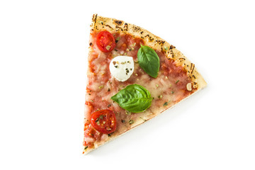 Italian pizza slice with tomatoes, cheese and basil isolated on white background