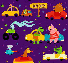 Cute funny animals llama, crocodile, bookworm, rabbit, mouse, turtle and pig driving colorful cars to the happiness on violet background - 210665456