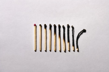 Burnt matchsticks on background in studio