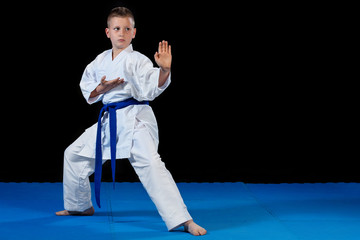 Pre-teen boy doing karate on a black background