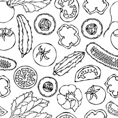 Vector Vegetable Seamless Pattern with Cucumbers, Red Tomatoes, Bell Pepper, Beet. Fresh Green Salad. Healthy Vegetarian Food. Hand Drawn Illustration. Doodle Style.