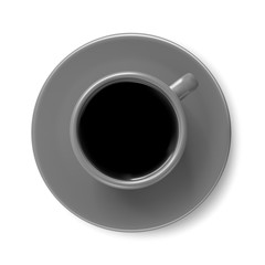 dark gray cup with coffee. Top view