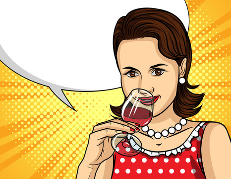 Vector colorful pop art comic style illustration of a pretty woman in red dress drinking an alcohol. Portrait of young beautiful lady with glass of red wine