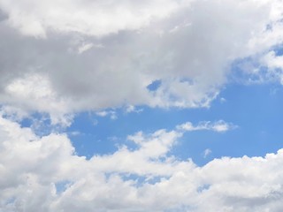 Beautiful nature of blue sky and clouds with the sun shining, sky background, cloudscape concept. Space for text in template, Empty, Looking up