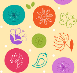 Colorful seamless pattern cute flower, bird and butterfly on circles - 210666605