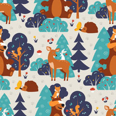 Seamless pattern with cute wild animals in blue forest. Fox, squirrel, bear, hare, deer, hedgehog, butterfly.