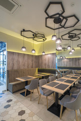 Interior of restaurant. Wooden design. Modern style.