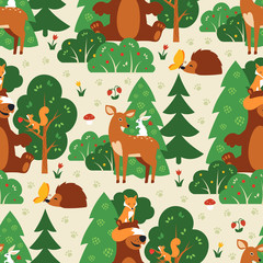 Seamless pattern with cute wild animals in green forest. Fox, squirrel, bear, hare, deer, hedgehog, butterfly