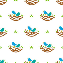 Seamless pattern with colorful singing birds in nest in minimalistic style on white background