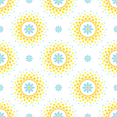 Seamless pattern with blue flowers and orange and yellow halftone circle frame on white background