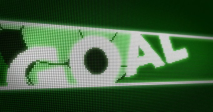 Goal title on big green LED display. Shining message GOAL and ball icon on big screen in seamless and loopable animation.