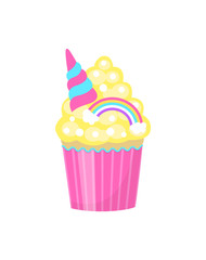 Cute cupcake decorated with rainbow and unicorn horn. Isolated on white background. Vector illustration.