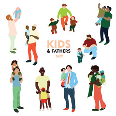 Kids and Fathers set. Hand drawn vector illustrations isolated on white background. Father plays with children. Family time. Flat doodle style illustration.