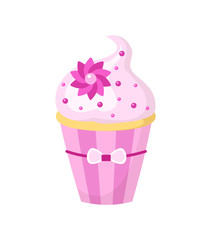 Cute pink cupcake decorated with flower and sprinkles. Isolated on white background. Vector illustration.