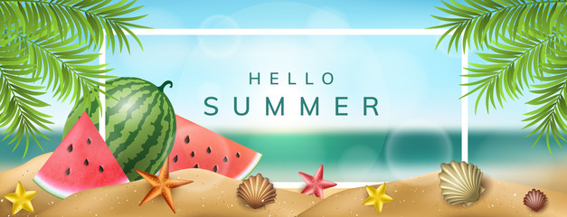 Horizontal banner frame with summer beach, palm tree, watermelon and shells. Vector illustration with white text frame for summer and holiday background and design - 210667677
