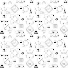 Vector illustration, seamless modern geometric background. Black graphic isolated on white. Triangles, arrows, orbits, circles fancy pattern in tattoo style. Element for cards, paper, textile design.