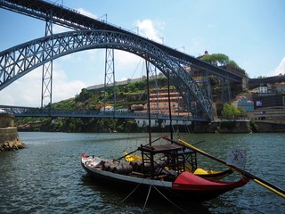 Fishing, Tourist boat on the Douro river in Oporto with  Ponte Louis 1 bridge in the background, Portugal