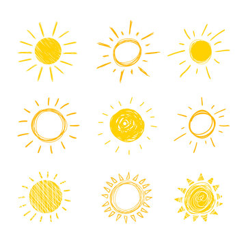 Vector Doodle Sun, Set of Hand Drawn Funny Icons Background,.