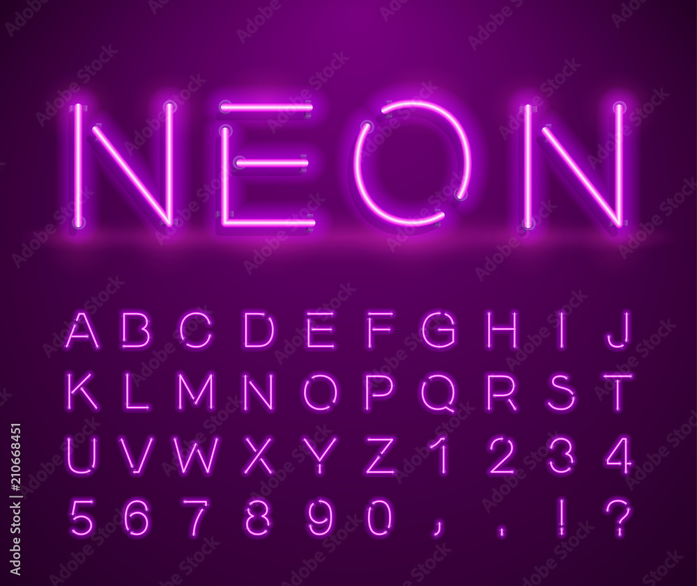 Poster set of letters in neon style. vector font with light effect. set of letters, numbers, text and font.
