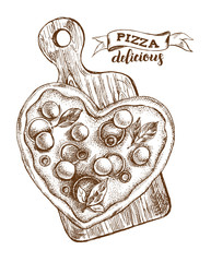 Heart-shaped Pizza with mozzarella,  basil and olives on a wooden cutting board. Italian cuisine. Ink hand drawn Vector illustration. Top view. Food element for menu design. - 210669265