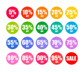 Set of round discount tags in colors of rainbow. Holiday discount offer. Vector