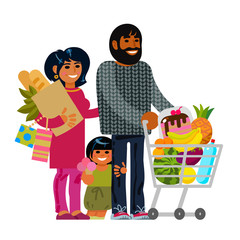 Young family with shopping bags and trolley cart. Cartoon flat characters.