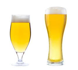 Two beer glasses with light cold beer with drops of water isolat
