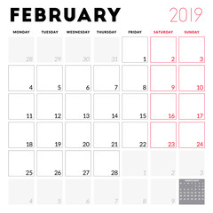 Calendar planner for February 2019. Week starts on Monday. Printable vector stationery design template