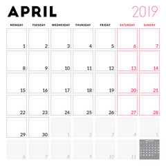 Calendar planner for April 2019. Week starts on Monday. Printable vector stationery design template