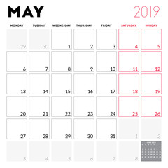 Calendar planner for May 2019. Week starts on Monday. Printable vector stationery design template
