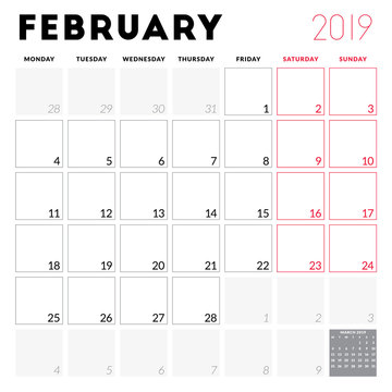 Calendar planner for February 2019. Week starts on Monday. Printable vector stationery design template