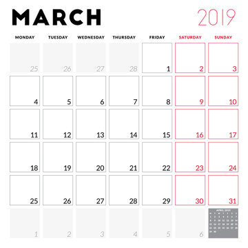 Calendar planner for March 2019. Week starts on Monday. Printable vector stationery design template