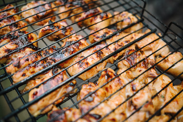 Fresh meat on grill outdoors