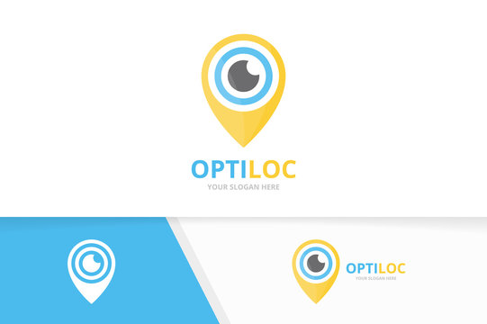 Vector eye and map pointer logo combination. Optic and gps locator symbol or icon. Unique vision and pin logotype design template.