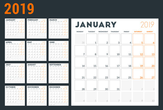 Calendar planner for 2019 year. Week starts on Monday. Printable vector stationery design template. Set of 12 months