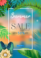 Summer sale banner with exotic palm leaves.

