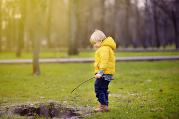 Little boy playing with puddle and stick during stroll in the park