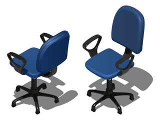 Два синих офисных вращающихся стула, векторный рисунок в изометрической проекции, изолированный на белом фоне