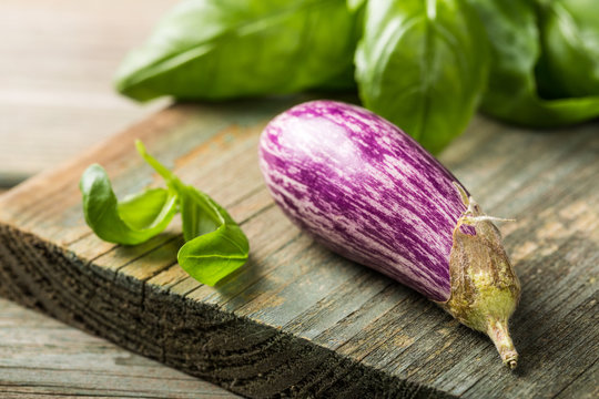 Small eggplant or aubergine vegetable with basil leaves on old wooden background. Healthy food concept with copy space.