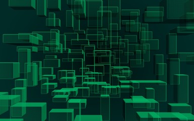 Green and dark abstract digital and technology background. The pattern with repeating rectangles. 3D illustration
