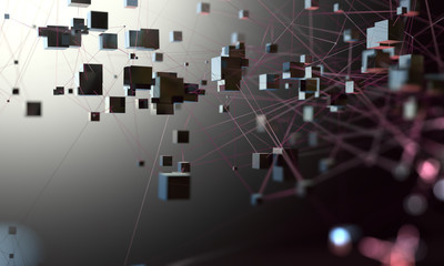 Concepto de comunicación y tecnologia de redes.Estructura con cubos sobre fondo oscuro.Diseño de informatica,internet  y big data