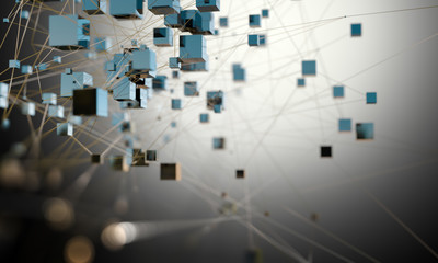 Concepto de comunicación y tecnologia de redes.Estructura con cubos sobre fondo oscuro.Diseño de informatica,internet  y big data © C.Castilla