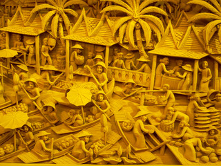 wood sculptured water market in Thailand background