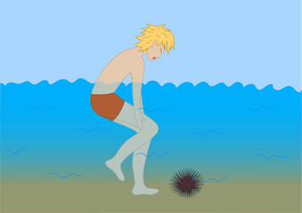 Man accidentally stepped on the sea urchin