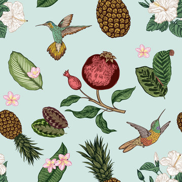 Seamless pattern with tropical flowers. Vector illustration.