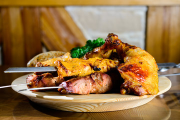 Assorted delicious meat: tasty juicy shish kebab of pork and gri