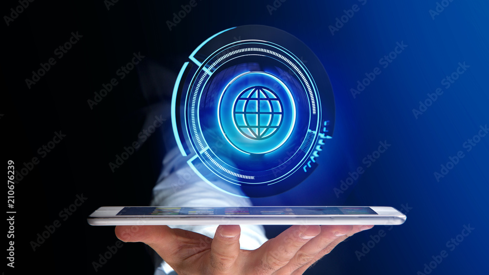 Poster businessman using a smartphone with a shinny technologic globe button - 3d render